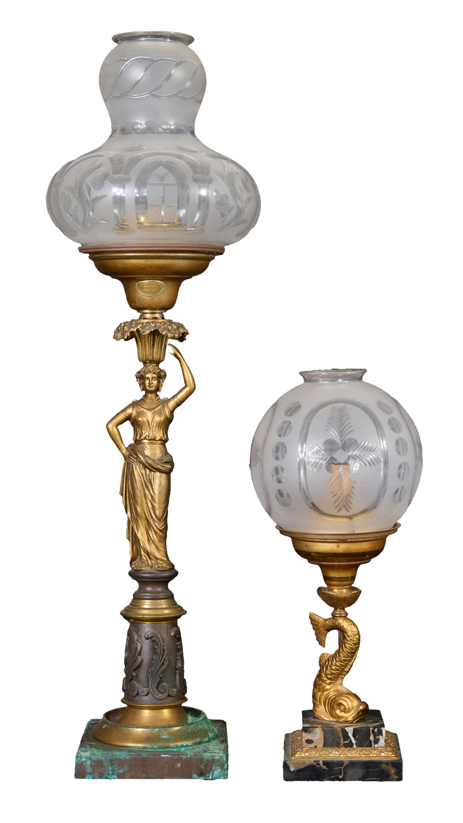Two Gilt Bronze Solar Lamps, early to mid 19th c., Dolphin- H.- 17 3/4 in., Dia. 8 in.; Figure- H.- (1 of 18)