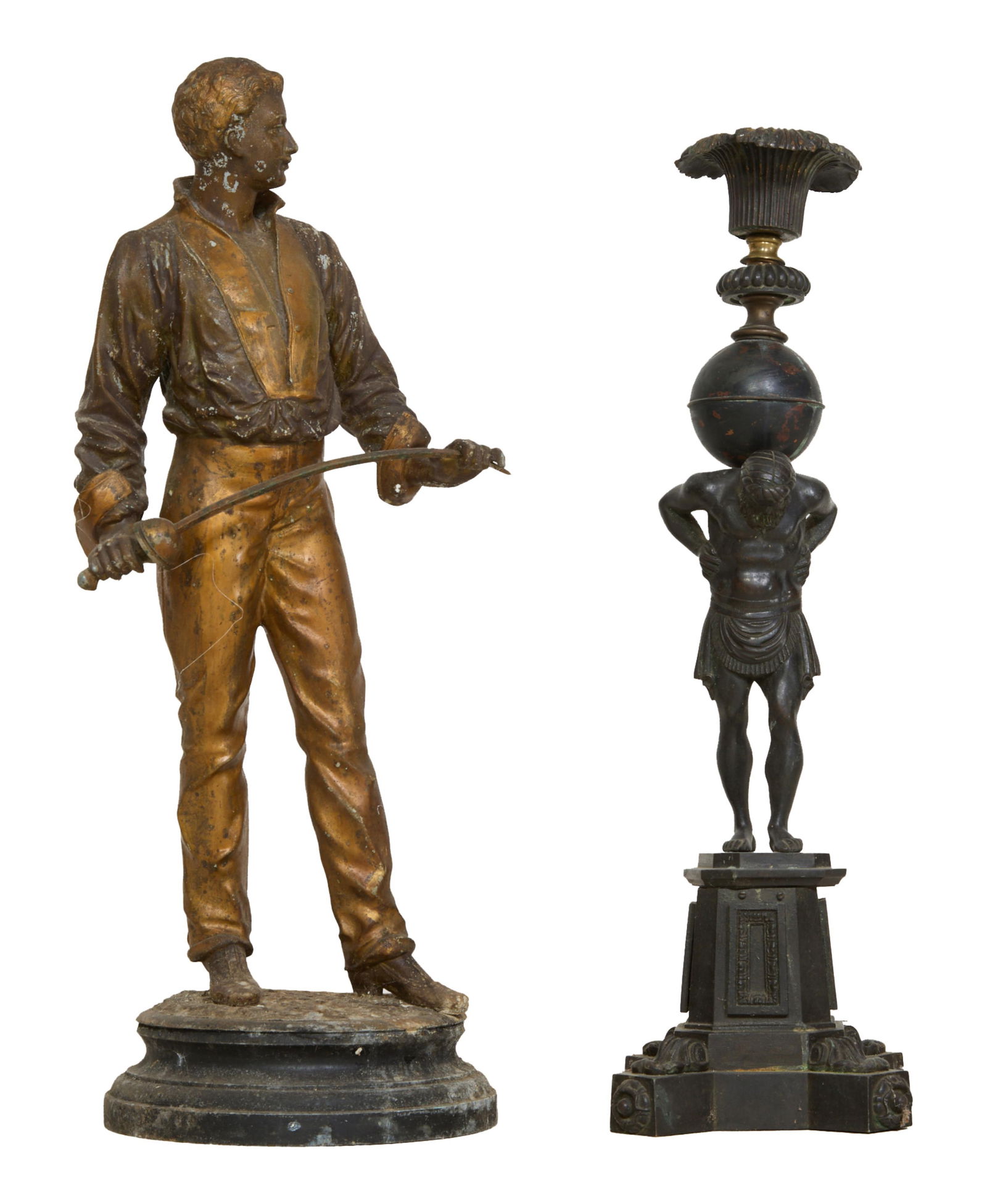 Bronze Atlas Lamp Base and Polychromed Soldier Figure, 19th c., Soldier- H.- 22 1/2 in., W.- 11 in., (1 of 6)