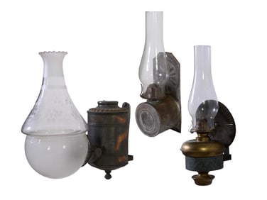 Three Antique Kerosene Wall Lanterns, mid to late 19th c., Largest- H.- 12 1/2 in., W.- 6 1/2 in.,