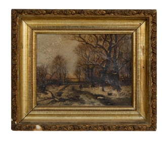 Continental School (19th Century), "Winter Landscape," H.- 7 in., W.- 9 in., Framed- H.- 10 7/8 in.,