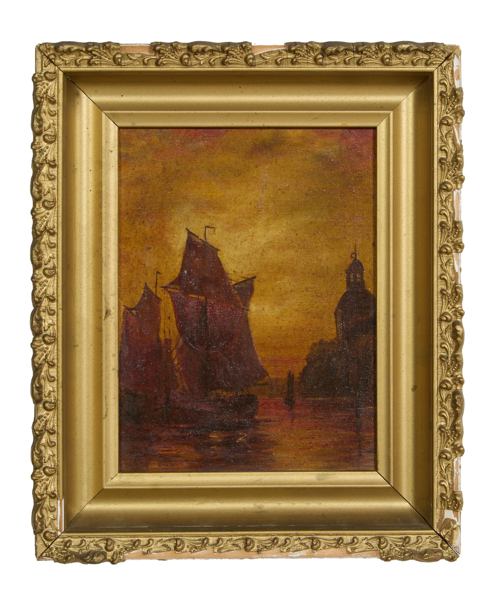 Circle of Walter Franklin Lansil (American, 1846-1925), "Sunset on an Italian Port," H.- 8 in., W.-: Circle of Walter Franklin Lansil (American, 1846-1925), "Sunset on an Italian Port," oil on canvas, unsigned, presented in a giltwood frame, H.- 8 in., W.- 6 in., Framed- H.- 11 1/4in., W.- 9 1/2 in.