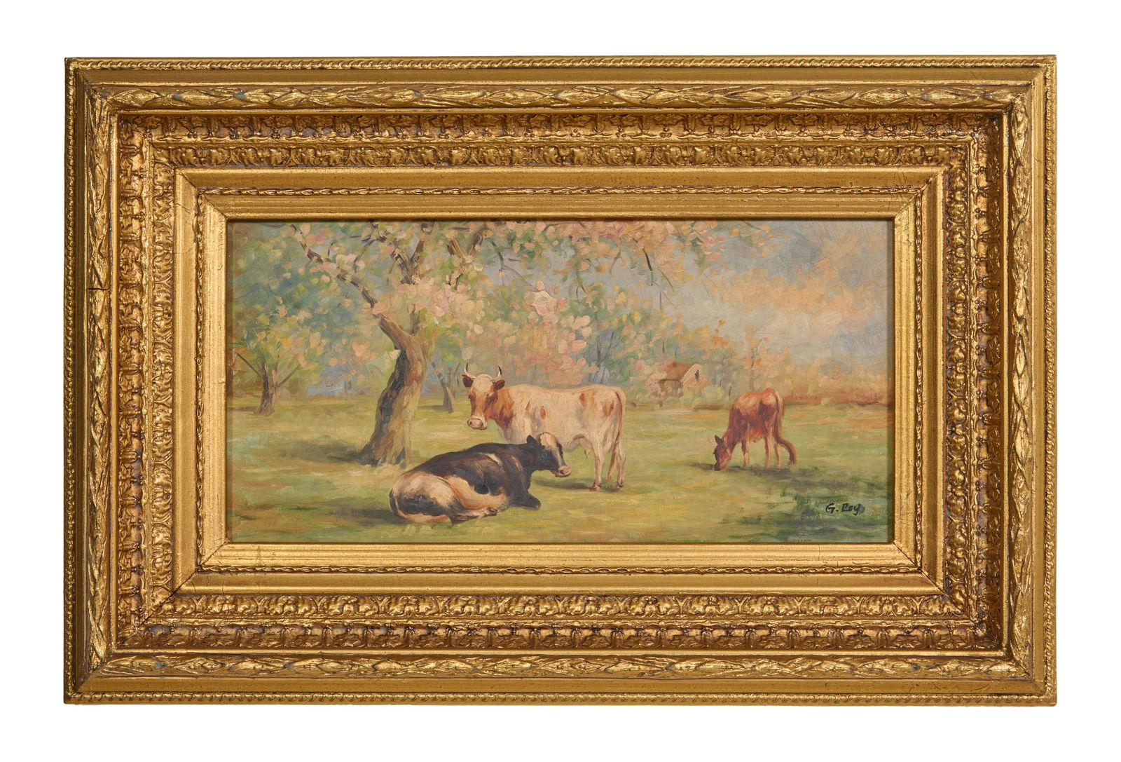 G. Roy (American, 20th Century), "Cattle Resting in Spring," H.- 8 in., W.- 16 in., Framed- H.- 15 (1 of 4)