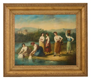 J. Herbenville (French, 19th Century), "Washwomen with Roman Ruins in the Distance," H.- 21 1/4 in.,
