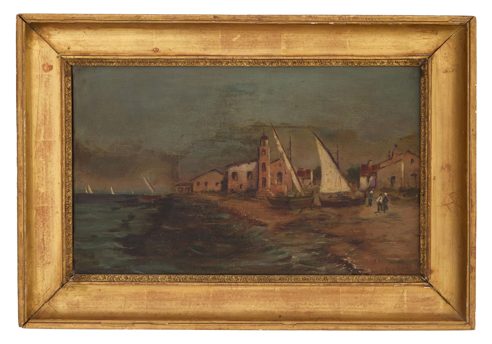 Gilbert-Louis Bellan (French, 1868-1938), "Fishing Boats Ashore by Village," H- 12 in., W.- 18 1/2 (1 of 4)