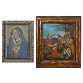 Two Antique Spanish Colonial Retablos, First- H.- 6 1/2 in., W.- 4 1/2 in., Framed- H.- 8 in., W.- 6