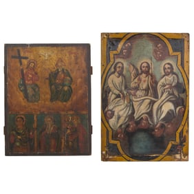 Two Antique Religious Icons, 19th c., First- H.- 12 3/8 in., W.- 9 5/8 in.; Second- H.- 16 1/4 in.,