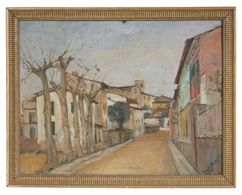 Menotti Pertici (Italian, 1904-1966), "Street Scene," 1945, H.- 18 in., W.- 23 1/2 in., Framed- H.-