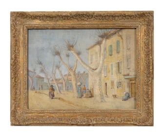 Continental/Italian School (Early 20th Century), "Street Scene with Peasants and Plane Trees," H.-
