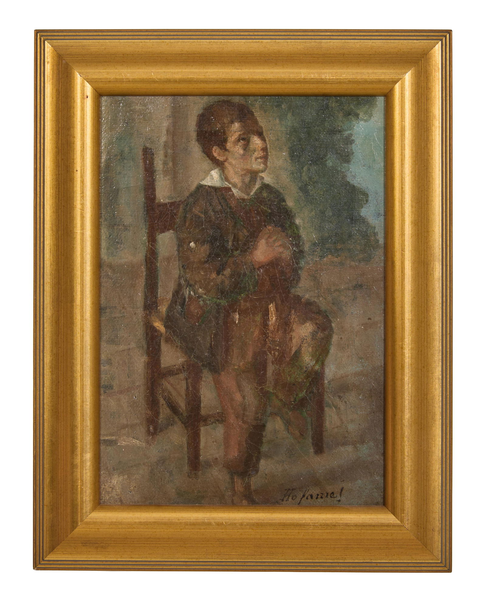 Italian School (Early 20th Century), "Young Beggar Boy," H.- 9 1/2 in., W.- 6 3/4 in., Framed- H.-: Italian School (Early 20th Century), "Young Beggar Boy," oil on burlap, unsigned, titled "Ho Fame (I am Hungry)!" lower right, presented in a giltwood frame, H.- 9 1/2 in., W.- 6 3/4 in., Framed- H.-