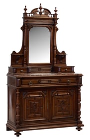 French Henri II Style Carved Walnut Marble Top Dressing Cabinet, late 19th c., H.- 93 in., W.- 51