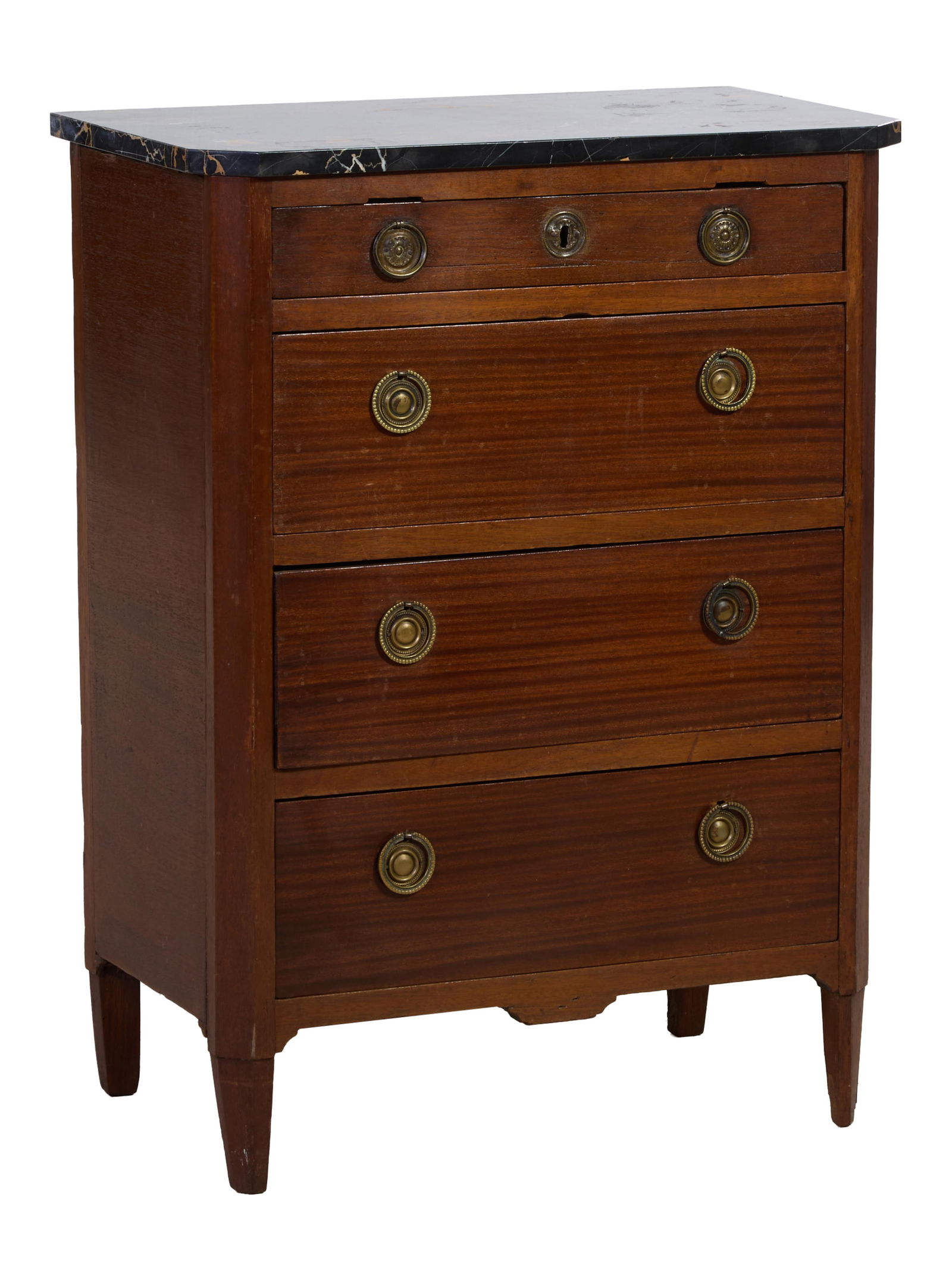 French Louis XVI Style Marble Top Walnut Commode, late 19th c., H.- 34 1/2 in., W.- 25 1/2 in., D.- (1 of 3)