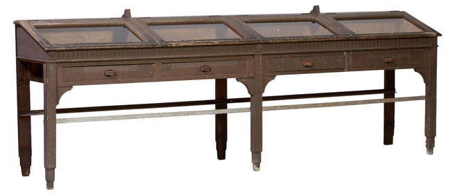 French Art Deco Polychromed General Store Display Case, early 20th c., H.- 42 in., W.- 119 in., D.-