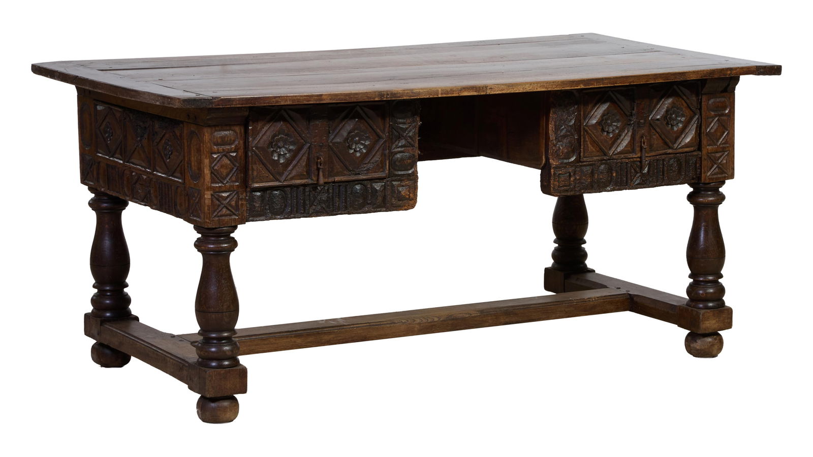 French Renaissance Style Walnut Desk, mid 19th c., H.- 30 3/4 in., W.- 67 1/4 in., D.- 35 in.: French Renaissance Style Walnut Desk, mid 19th c., the rectangular top with bread board ends, paneled front, kneehole flanked with drawers each side, 'H' stretchered baluster turned legs, bun feet, H.