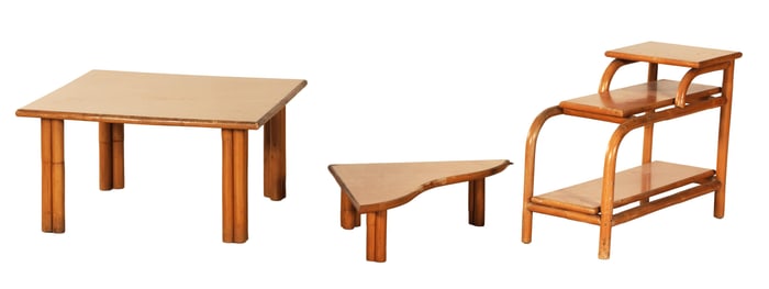 Three Piece Beverly Hills Rattan Table Group, mid 20th c., Coffee Table- H.- 16 1/4 in., W.- 30 1/2