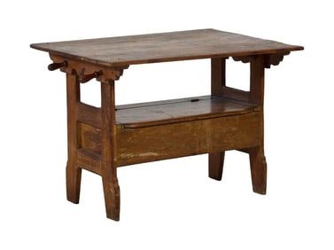 Antique Pine Monk's Table, mid 19th c., Table- H.- 29 1/2 in., W.- 42 in., D.- 31 in., Bench- H.- 48