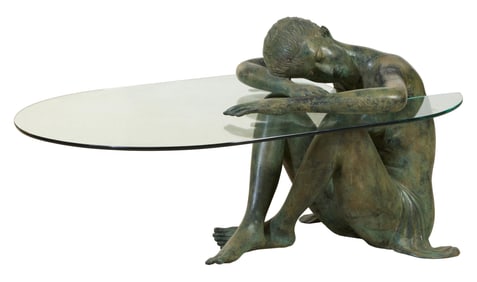 Patinated Bronze and Glass Figural Table, 20th c., H.- 25 in., W.- 48 in., D.- 30 in.
