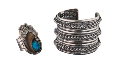 Two Pieces of Mexican Sterling Jewelry, Ring Size- 12 1/2; Bracelet- H.- 1 7/8 in., Int. W.- 2 3/16