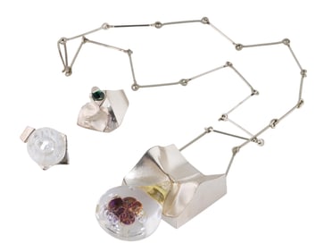 Three Pieces of Bjorn Weckstrom Sterling and Acrylic Jewelry, Necklace- L.- 24 in., Rings- Size- 5