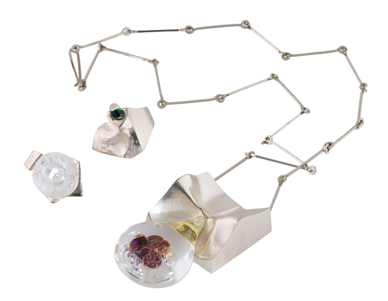 Three Pieces of Bjorn Weckstrom Sterling and Acrylic Jewelry, Necklace- L.- 24 in., Rings- Size- 5: Three Pieces of Bjorn Weckstrom Sterling and Acrylic Jewelry, consisting of a necklace and two rings, Necklace- L.- 24 in., Rings- Size- 5 1/2 and 10 1/2 (3 Pcs.) Please Note: Proper forms of payment