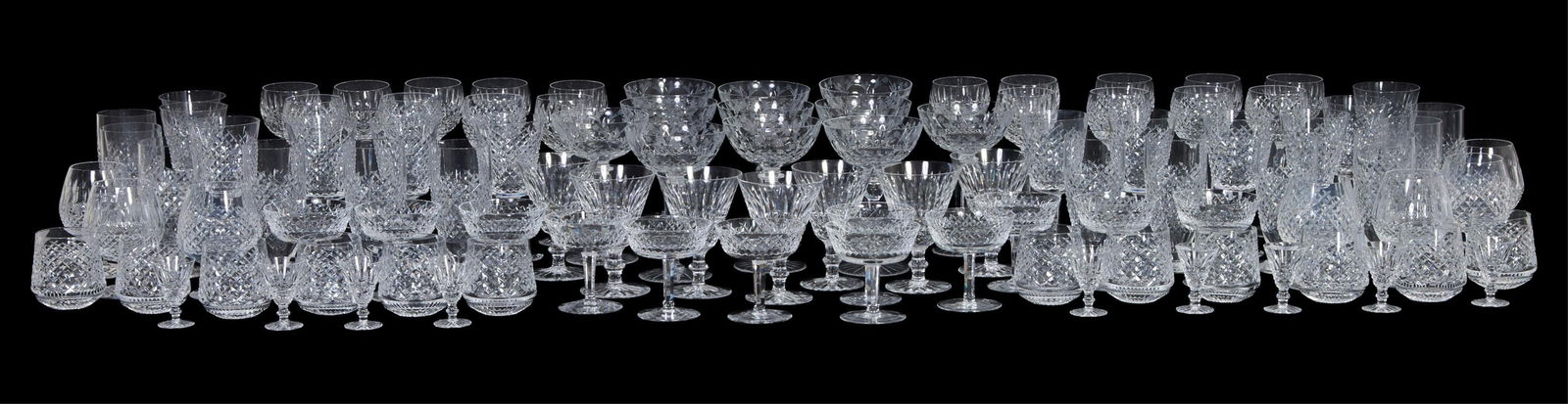 One Hundred Piece Assembled Set of Waterford Cut Irish Crystal Glassware, 20th c., Wine- H.- 7 1/4 (1 of 16)