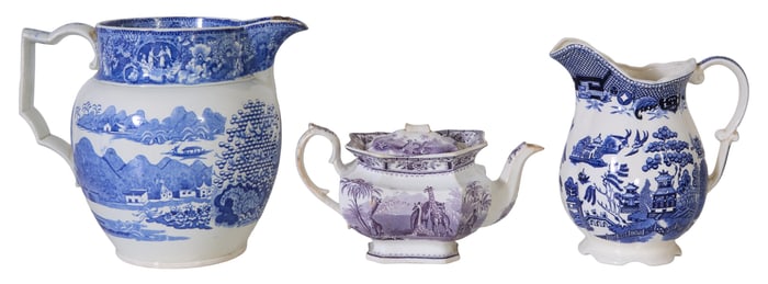 Three Ceramic Transfer Ware Vessels, 19th c., Largest Pitcher- H.- 11 in., W.- 9 1/2 in., D.- 13 in.