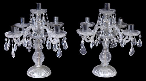 Pair of Crystal and Chrome Five Light Girandole Candelabra, 20th c., Each- H.- 17 3/8 in., Dia.- 17