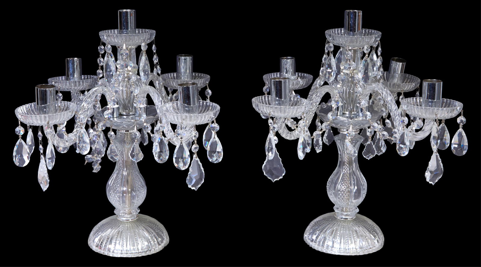 Pair of Crystal and Chrome Five Light Girandole Candelabra, 20th c., Each- H.- 17 3/8 in., Dia.- 17 (1 of 2)