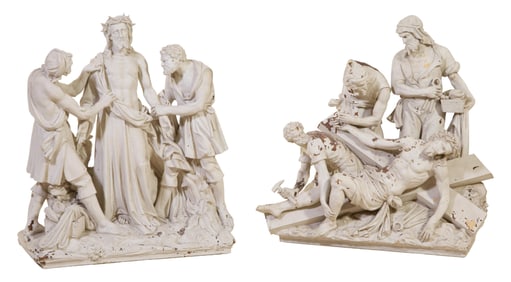 Two Plaster Stations of the Cross, late 19th c., Station Ten- H.- 45 in., W.- 38 in., D.- 16 in.;