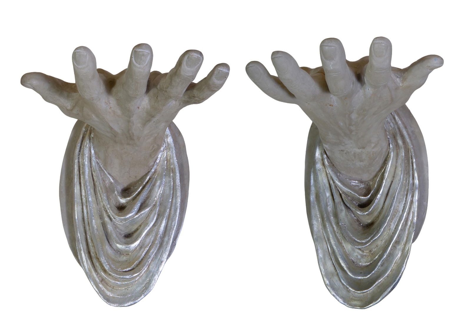 Marlo M.A.C. Inc. (American/California, 20th Century), "Open Hands," 1991, Each- H.- 12 3/4 in., W.-: Marlo M.A.C. Inc. (American/California, 20th Century), "Open Hands," 1991, composite and silver paint, signed "Marlo" and dated "91" on side, fitted for hanging on a wall, Each- H.- 12 3/4 in., W.- 8