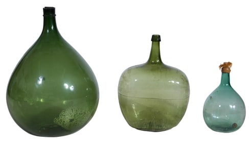 Three Antique French Blown Glass Carboys, 19th c., Largest- H.- 26 1/2 in. in., Dia.- 18 1/2 in.;