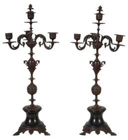 Pair of Patinated Bronze Four Light Candelabra, early 20th c., Each- H.- 21 1/2 in., Dia.- 9 in. (2