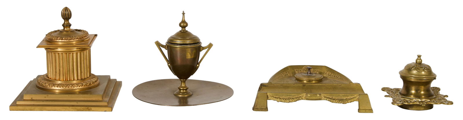Group of Four Bronze Ink Wells, 19th c., Columnar Form- H.- 6 1/2 in., W.- 6 3/8 in., D.- 6 3/8 in. (1 of 1)