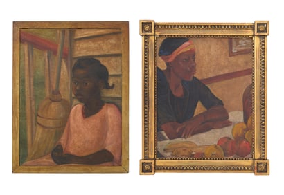Southern School (20th Century), "Portrait of a Woman with a Still Life of Fruit," and "Portrait of a