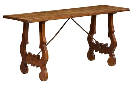 Italian Renaissance Revival Walnut and Iron Console, mid 19th c., H.- 29 in, W.- 63 in., D.- 20 in.