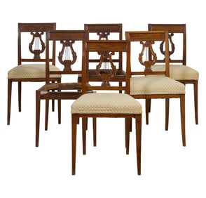 Set of Four French Directoire Style Lyre Form Carved Walnut Dining Chairs, 20th c., Each- H.- 33 1/2