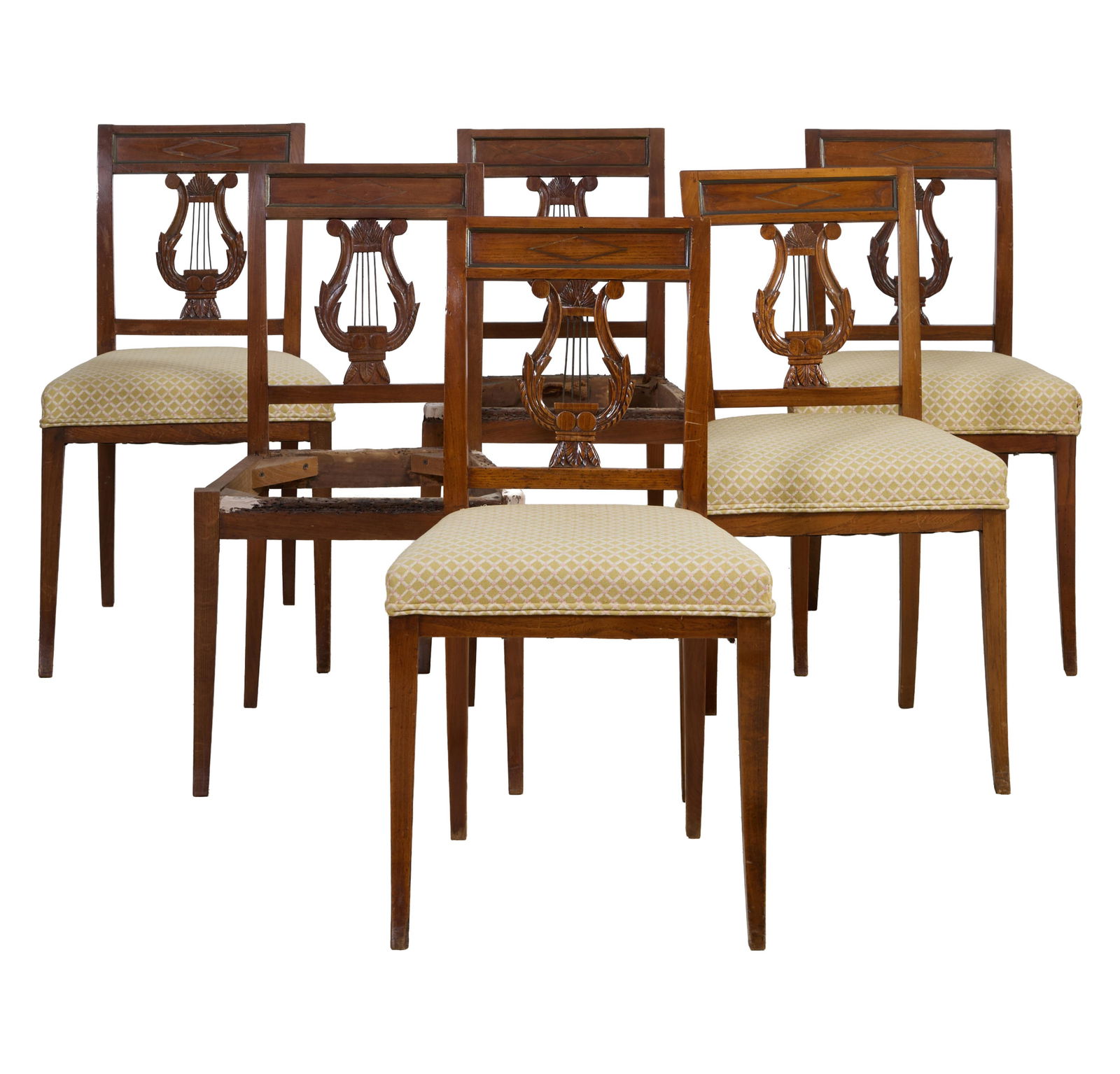 Set of Four French Directoire Style Lyre Form Carved Walnut Dining Chairs, 20th c., Each- H.- 33 1/2 (1 of 2)