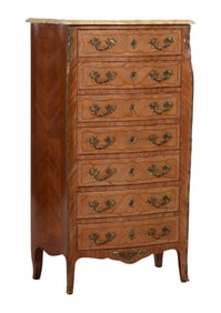 French Louis XV/XVI Transitional Ormolu Mounted Marble Top Parquetry Semainier Chest, 20th c., H.-