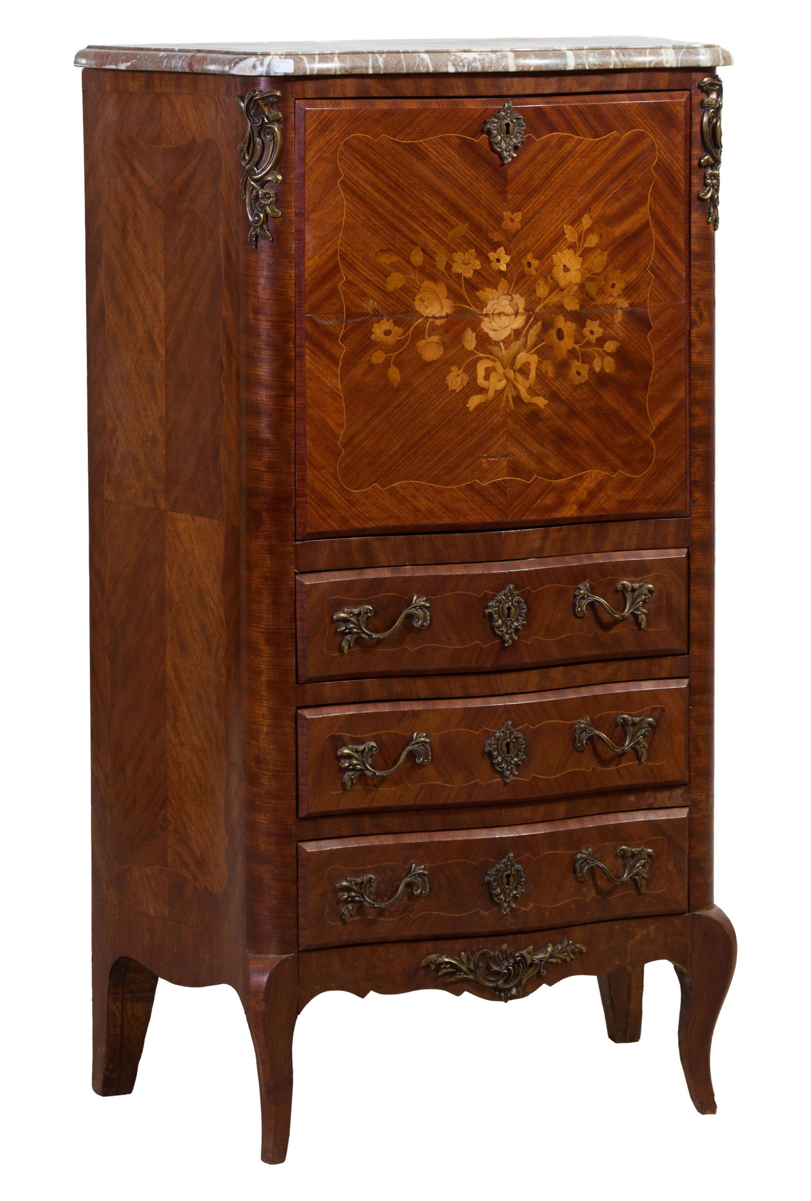 French Louis XV Style Ormolu Mounted Marble Top Marquetry Parquetry Secretaire a Abattant, late 19th (1 of 3)