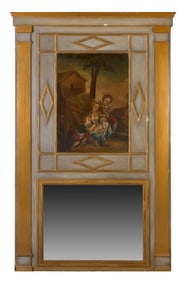 French Directoire Style Gris Peinte and Giltwood Trumeau Mirror, 19th c., H.- 76 in., W.- 48 in.