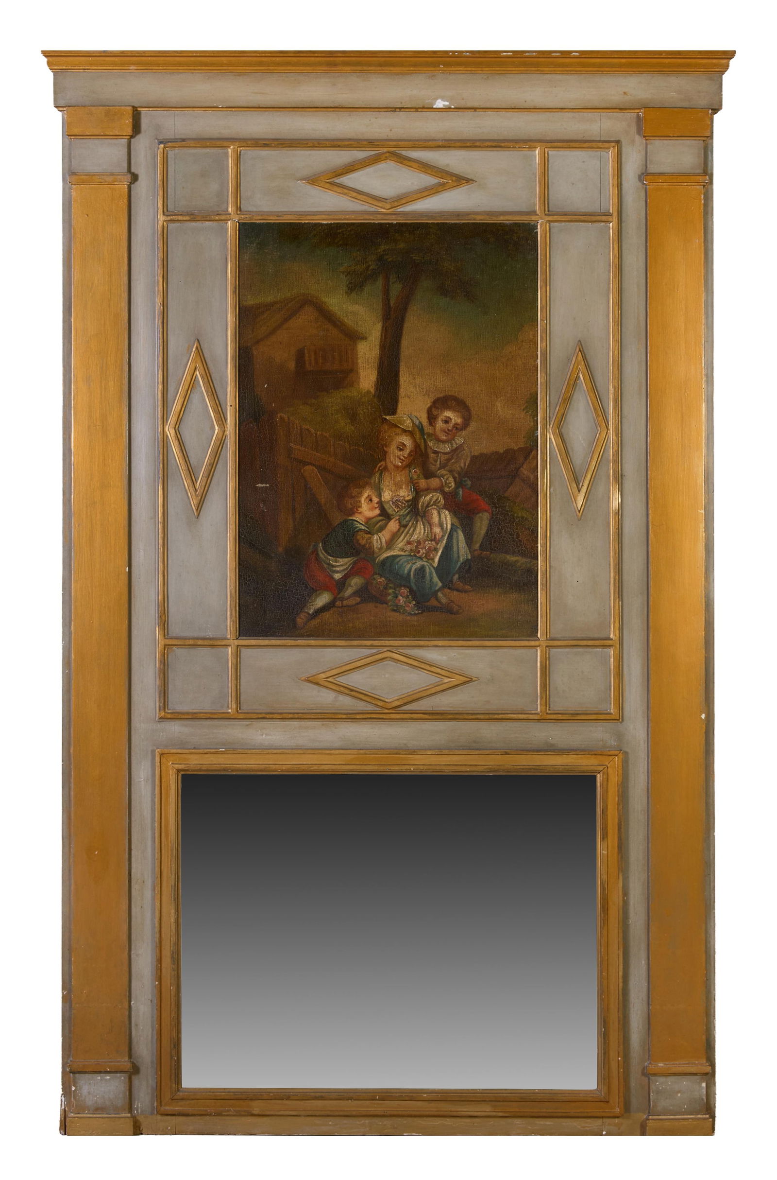 French Directoire Style Gris Peinte and Giltwood Trumeau Mirror, 19th c., H.- 76 in., W.- 48 in. (1 of 2)