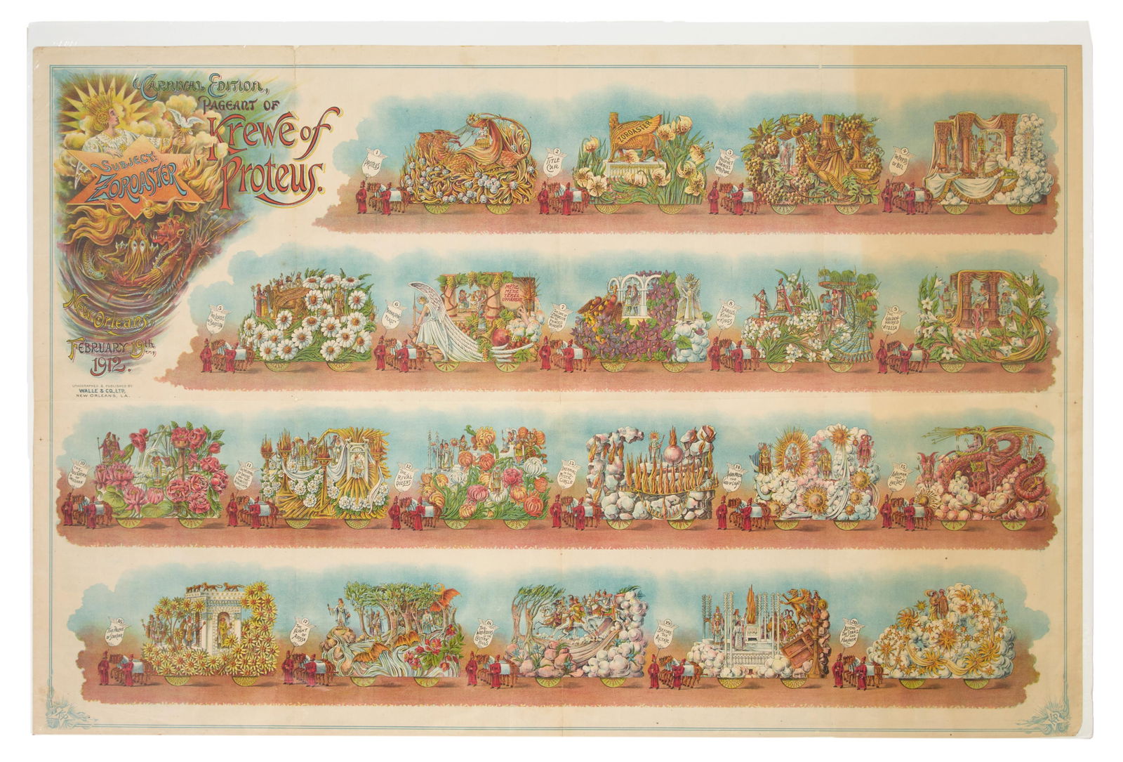 Mardi Gras Parade Bulletin, Krewe of Proteus, 1912, "Zoroaster," H.- 28 1/2 in., W.- 42 5/8 in.: Mardi Gras Parade Bulletin, Krewe of Proteus, 1912, "Zoroaster," chromolithograph on paper, lithography by Walle & Co., Ltd., New Orleans, shrink-wrapped on board, H.- 28 1/2 in., W.- 42 5/8 in.
