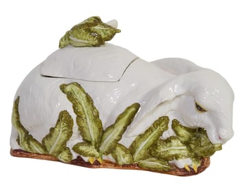 Unusual Italian Ceramic Rabbit Form Tureen, 20th c., H.- 10 in., W.- 16 in., D.- 7 1/2 in.