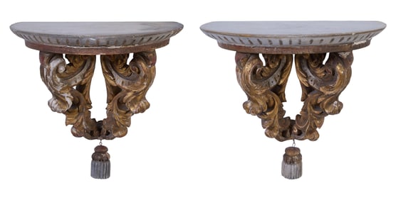 Pair of Polychromed and Gilt Plaster Wall Brackets, early 20th c., Each- H.- 13 1/2 in., W.- 11 1/2