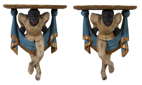Pair of Polychromed Wood Blackamoor Brackets, 20th/21st c., Each- H.- 16 in., W.- 13 in., D.- 8 1/2