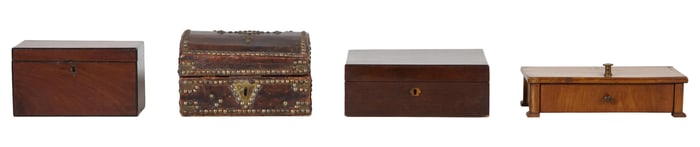 Four English Writing Boxes, 19th c., Largest- H.- 5 7/8 in., W.- 10 1/2 in., D.- 7 1/2 in. (4 Pcs.)