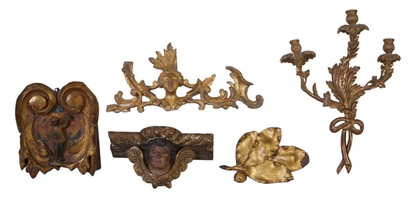 Five Assorted Continental Giltwood Fragments, 19th c., One Figural Surmount- H.- 12 in., W.- 10 in.,