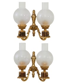 Pair of French Louis XVI Gilt Bronze Two Light Sconces, 20th c., Each- H.- 11 1/4 in., W.- 11 1/2