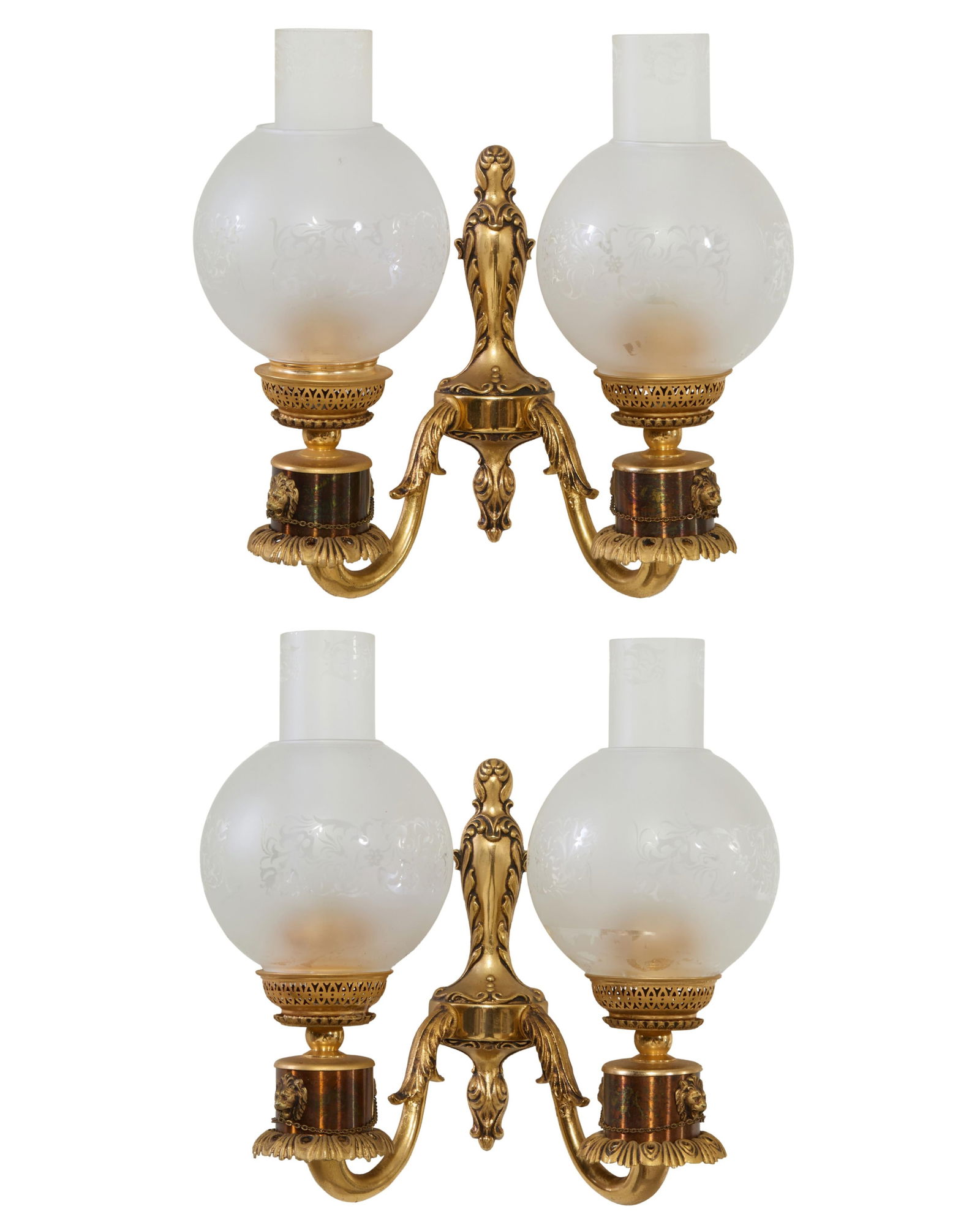 Pair of French Louis XVI Gilt Bronze Two Light Sconces, 20th c., Each- H.- 11 1/4 in., W.- 11 1/2 (1 of 3)