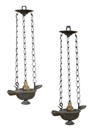 Pair of J & I Cox Greek Style Betty Hanging Lamps, early to mid 19th c., New York, Each- H.- 20 in.,