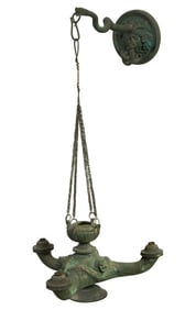 Large Greek Style Patinated Bronze Wall Mount Betty Lamp, 19th c., H.- 28 in., Dia.- 16 in.,